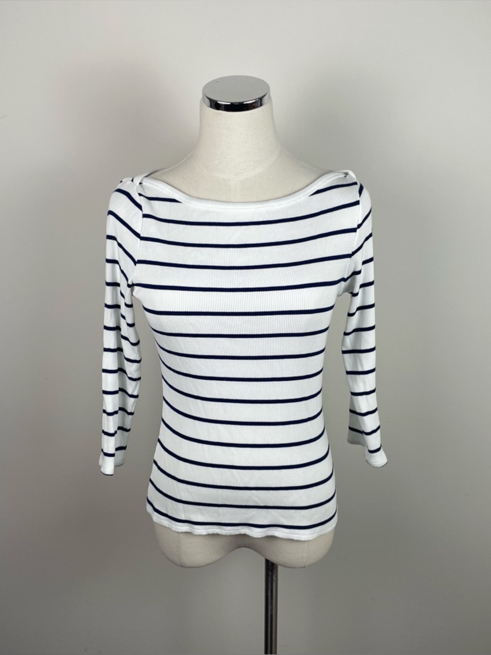 Cyrus White Navy Blue Stripe Ribbed Knit Top Women Large
